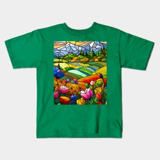 Stained Glass Colorful Mountain Flowers Kids T-Shirt